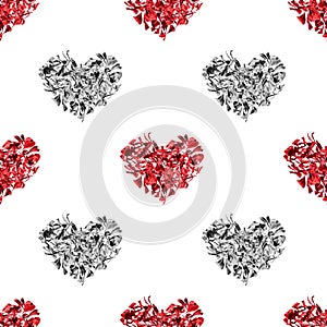 Seamless pattern red & silver hearts made of flower petals white background isolated, heart repeating ornament, valentines day