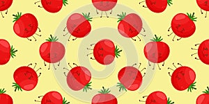 Seamless pattern with a red smiling tomato on background. Funny vegetable in cartoon style. Big eyes.