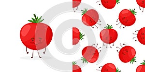 Seamless pattern with a red smiling tomato on background. Funny vegetable in cartoon style. Big eyes.