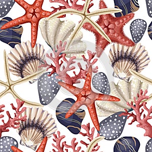 Seamless pattern with red starfishes, shells and coral. Vector trendy print.