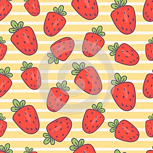Seamless pattern with red strawberries on striped yellow background. Vector illustration