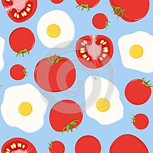 Seamless pattern of red tomatoes and fried eggs