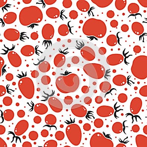 Seamless pattern with red tomatoes and juice drops. Vegetarian food. Background for surfaces.