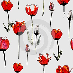 Seamless pattern with red tulips, vintage, grunge background