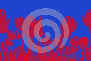 A seamless pattern with red tulips is visible as a border on a blue background.