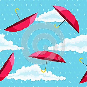 Seamless pattern with red umbrellas, clouds and raindrops