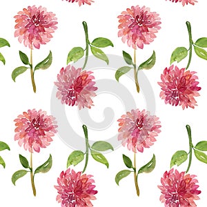 Seamless pattern of red watercolor dahlia flowers