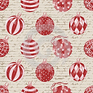 Seamless pattern of red and white christmas balls on an unreadable letter background. Female handwriting in ink. Vector