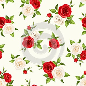 Seamless pattern with red and white roses and lisianthus flowers. Vector illustration. photo