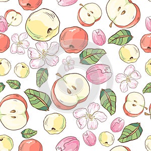 Seamless pattern with red and yellow apples, flowers and leaves. realistic vector illustration