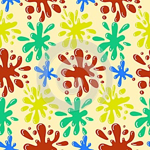 Seamless pattern red yellow blue green stains of spreading paint, splashes of colored liquid vector