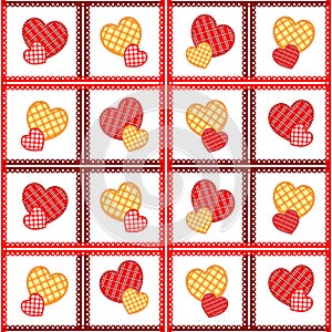 Seamless pattern with red and yellow hearts in patchwork style