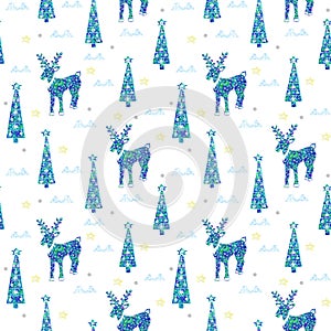 Seamless pattern with reindeer and Christmas trees for gift paper or postcard