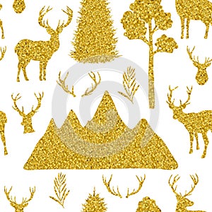 Seamless pattern Reindeer horns mountains trees golden silhouettes vector illustration