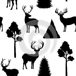 Seamless pattern Reindeer horns mountains trees silhouettes vector illustration