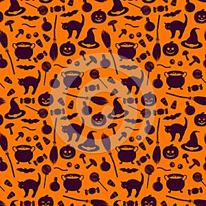 Seamless pattern with related halloween holiday silhouettes on orange background. Traditional witches attributes.