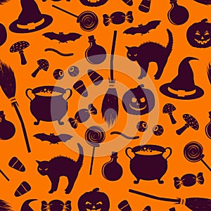 Seamless pattern with related halloween holiday silhouettes on orange background. Traditional witches attributes.
