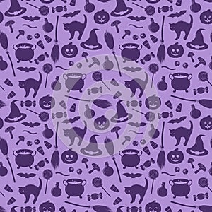 Seamless pattern with related halloween holiday silhouettes on purple background. Traditional witches attributes