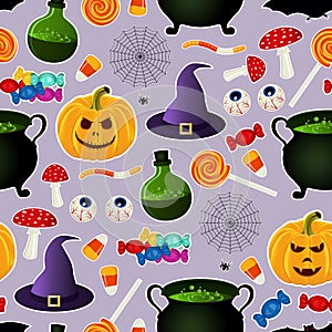 Seamless pattern with related halloween holiday silhouettes on purple background. Traditional witches attributes.