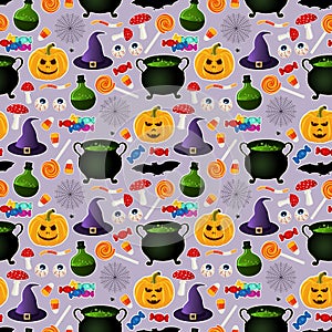 Seamless pattern with related halloween holiday silhouettes on purple background. Traditional witches attributes.