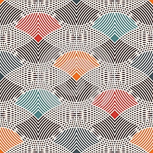 Repeated hatched overlapping circles seamless pattern. Openwork surface texture. Round links motif. Delicate background