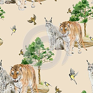 Seamless pattern repeated tile of watercolor animals