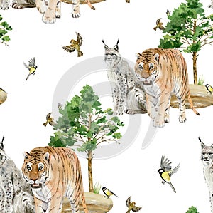 Seamless pattern repeated tile of watercolor animals