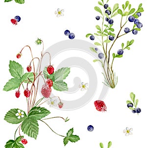 Seamless pattern repeated tile of watercolor berries