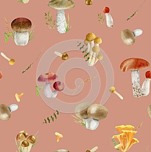 Seamless pattern repeated tile of watercolor mushrooms