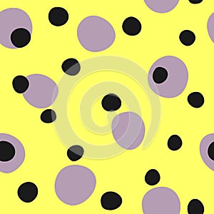 Seamless pattern with repeating round spots. Irregular polka dot. Yellow, purple, black.