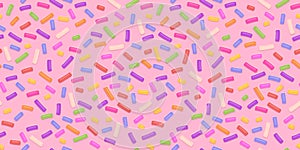 Seamless pattern repeating seamless texture of pink donut glaze with many decorative sprinkles.