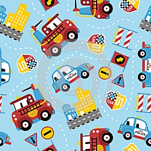 Seamless pattern of rescue team cartoon. Firefighter, police car, in the city