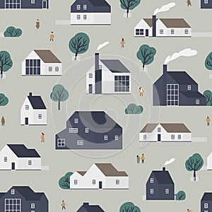 Seamless pattern with residential houses or village cottages in Scandic style and walking people. Backdrop with suburban