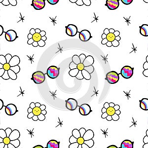 Seamless pattern with retro 70s groovy elements, simple funky hippy symbol