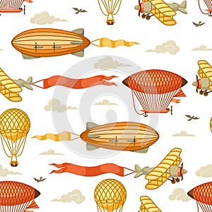 Seamless pattern with retro air transport. Vintage aerostat airship, blimp and plain in cloudy sky