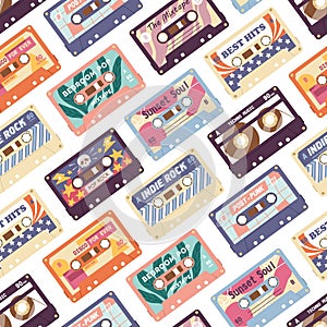 Seamless pattern with retro audio cassettes. Background with old stereo tapes with pop music records of 80s. Colorful