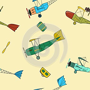 Seamless pattern with retro aviation and bags in cartoon style on beige background