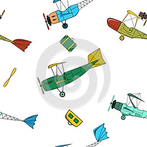 Seamless pattern with retro aviation and bags in cartoon style on white background