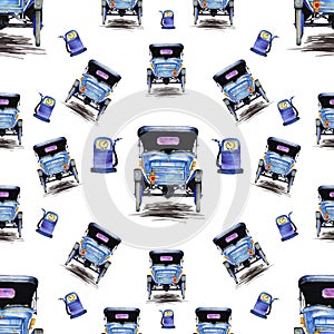 Seamless pattern with retro car in shades of blue