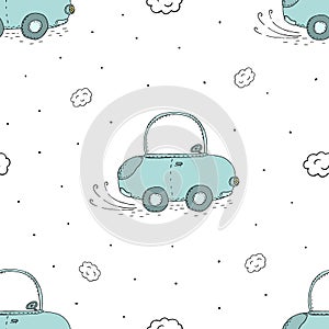 Seamless pattern with retro cartoon car. vector print.