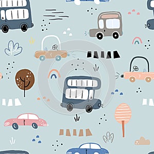 Seamless pattern with retro cartoon car. vector print. Perfect for kids fabric,textile,nursery wallpaper. Printable templates