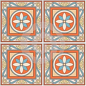 Seamless pattern retro ceramic tile design with floral ornate. Endless texture.