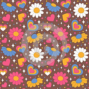 Seamless pattern with retro daisies with hearts.