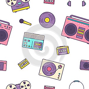 Seamless pattern with retro electronic devices on white background - analog music players, cassette recorder, boombox