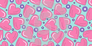 Seamless pattern with retro flowers 70. Psychedelic groovy geometric pattern with flowers. Daisy and heart hippie