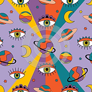 Seamless pattern with retro graphic. Eye, planets, moon photo