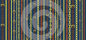 Seamless pattern with retro hand-drawn sketch belts, chain on dark blue background. Drawing engraving illustration Great design