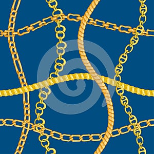 Seamless pattern with retro hand-drawn sketch golden chain on blue background. Drawing engraving texture. Great design for fashion