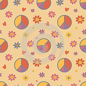 Seamless pattern in retro hippie style with flowers, hearts and peace signs