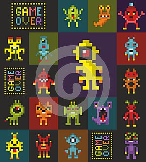 Seamless pattern with retro monsters from the computer game.